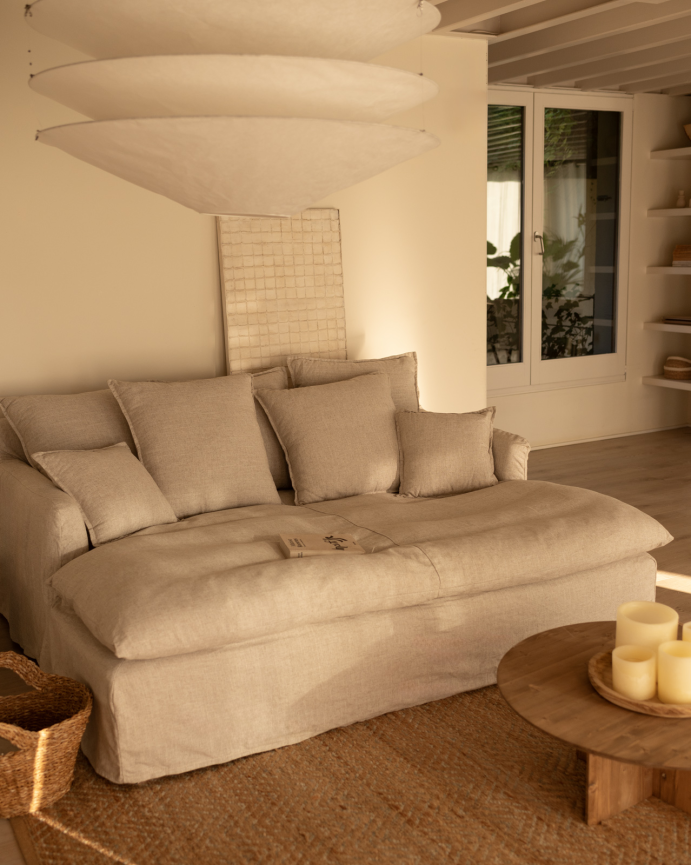 Langes Sofa aus Baumwolle und Leinen mit abnehmbarem Bezug in Beigetönen, verschiedene Größen.