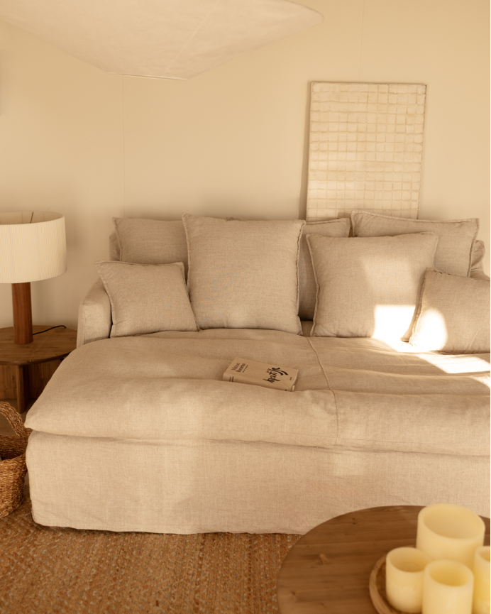 Langes Sofa aus Baumwolle und Leinen mit abnehmbarem Bezug in Beigetönen, verschiedene Größen.