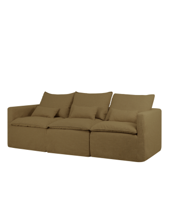 Modulares gerades Sofa aus Baumwolle und Leinen, abnehmbar in grünen Farbtönen, 285x96cm.