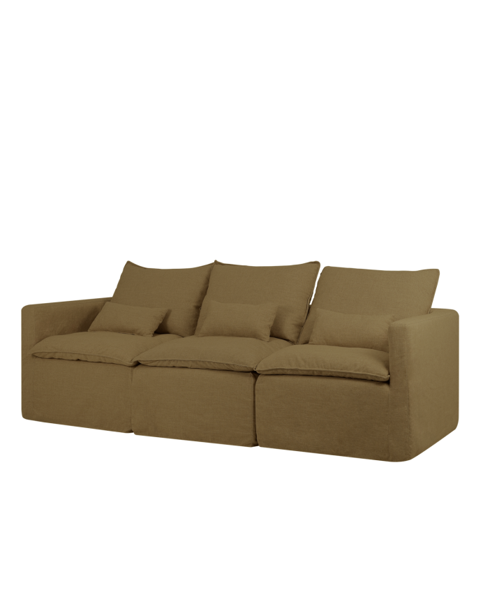 Modulares gerades Sofa aus Baumwolle und Leinen, abnehmbar in grünen Farbtönen, 285x96cm.