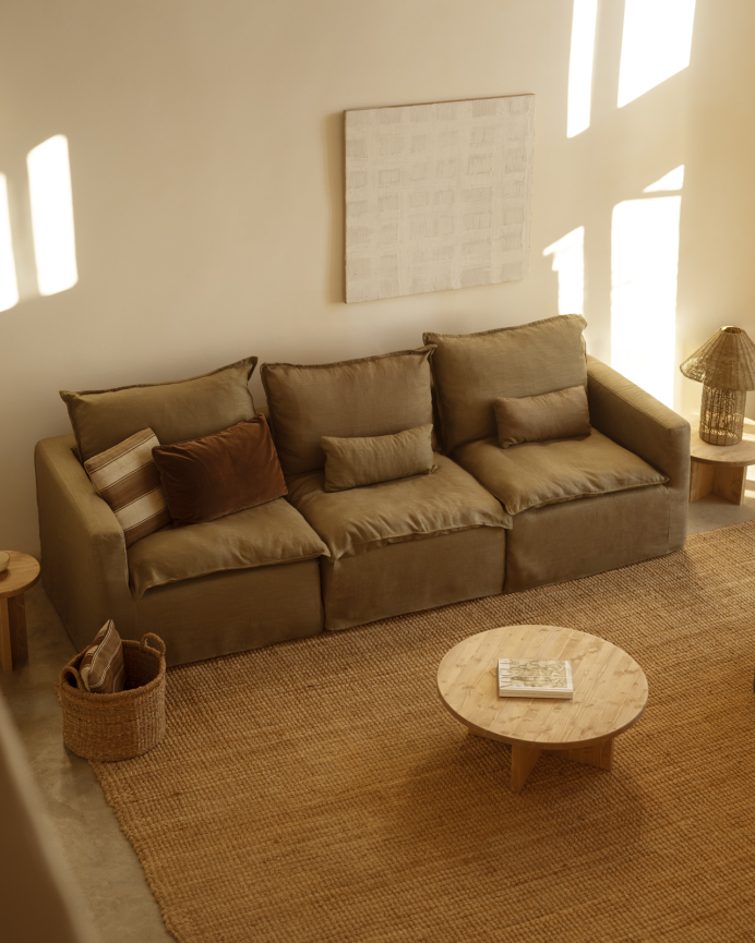 Modulares gerades Sofa aus Baumwolle und Leinen, abnehmbar in grünen Farbtönen, 285x96cm.