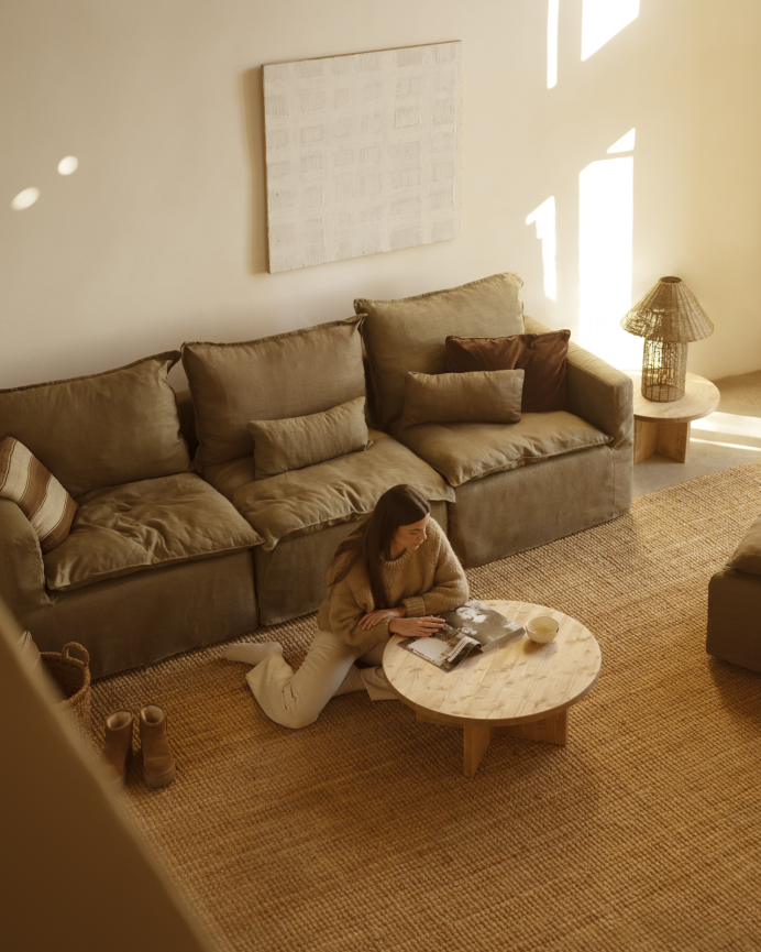 Modulares gerades Sofa aus Baumwolle und Leinen, abnehmbar in grünen Farbtönen, 285x96cm.