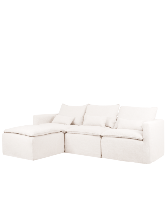 Modulares Sofa mit 3 Sitzen und linker Ottomane aus abnehmbarem Baumwoll- und Leinenbezug in Weiß mit den Maßen 285x185 cm.