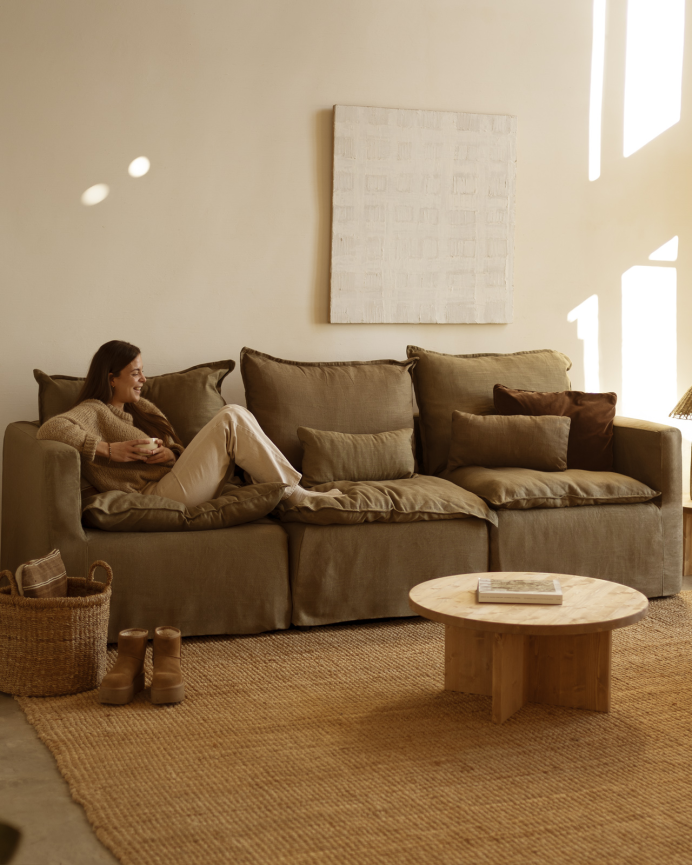 Modulares gerades Sofa aus Baumwolle und Leinen, abnehmbar in grünen Farbtönen, 285x96cm.