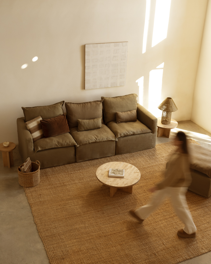 Modulares gerades Sofa aus Baumwolle und Leinen, abnehmbar in grünen Farbtönen, 285x96cm.