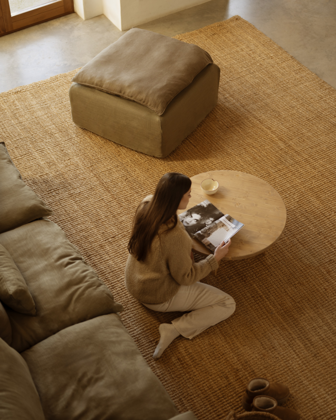 Modulares gerades Sofa aus Baumwolle und Leinen, abnehmbar in grünen Farbtönen, 285x96cm.