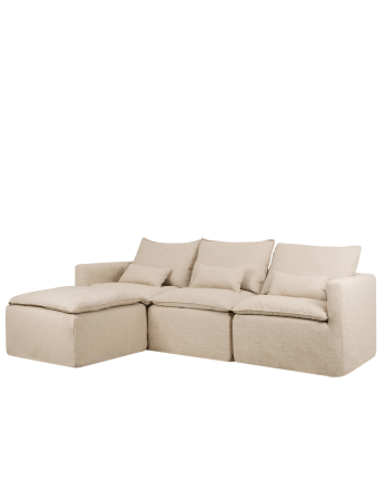 Modulares 3-Sitzer-Sofa mit abnehmbarem linken Chaiselongue aus Baumwolle und Leinen in Beigefarben, Maße 285x185 cm.