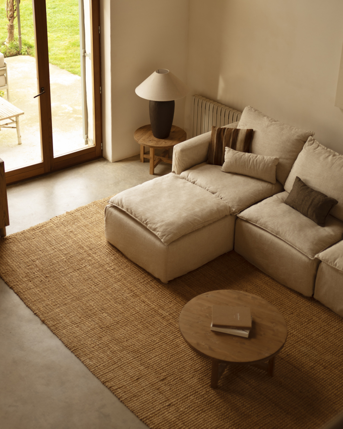 Modulares 3-Sitzer-Sofa mit abnehmbarem linken Chaiselongue aus Baumwolle und Leinen in Beigefarben, Maße 285x185 cm.