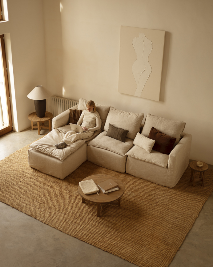 Modulares 3-Sitzer-Sofa mit abnehmbarem linken Chaiselongue aus Baumwolle und Leinen in Beigefarben, Maße 285x185 cm.