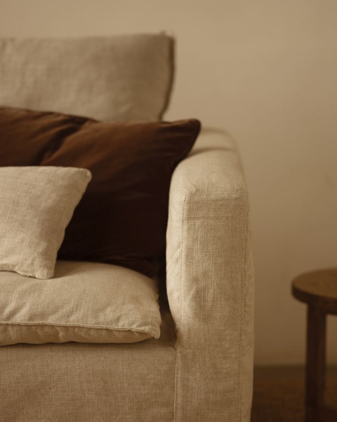 Modulares 3-Sitzer-Sofa mit abnehmbarem linken Chaiselongue aus Baumwolle und Leinen in Beigefarben, Maße 285x185 cm.