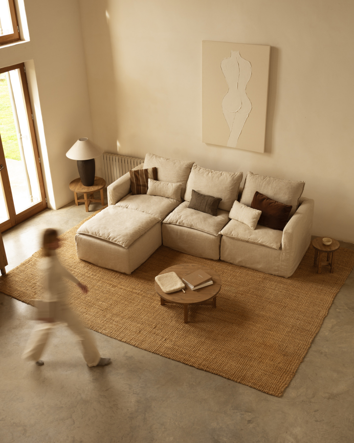 Modulares 3-Sitzer-Sofa mit abnehmbarem linken Chaiselongue aus Baumwolle und Leinen in Beigefarben, Maße 285x185 cm.