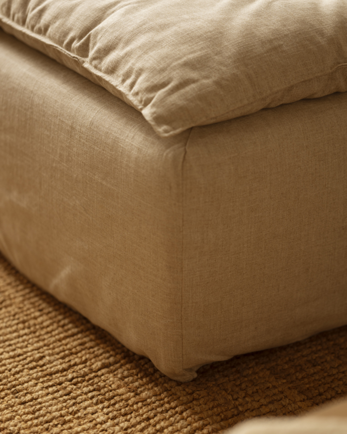 Modulares 3-Sitzer-Sofa mit abnehmbarem linken Chaiselongue aus Baumwolle und Leinen in Beigefarben, Maße 285x185 cm.