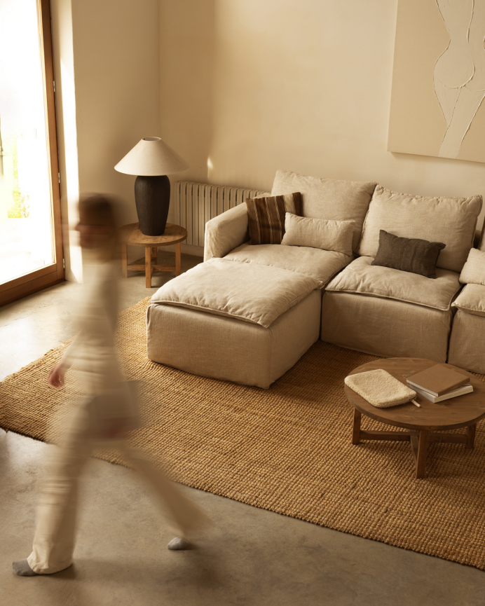 Modulares 3-Sitzer-Sofa mit abnehmbarem linken Chaiselongue aus Baumwolle und Leinen in Beigefarben, Maße 285x185 cm.