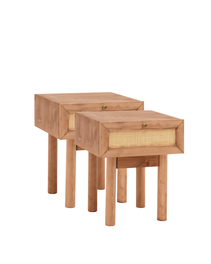 2er-Pack massives Holz-Nachttischset mit Rattan und einer Schublade in dunkler Eiche von 40x45cm.