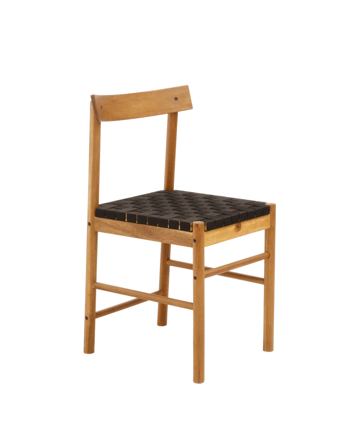 Massiver Akazienholzstuhl mit schwarzem Geflechtsitz, 81cm.