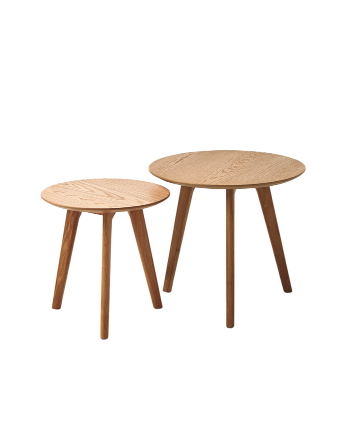2er-Set Beistelltische aus furniertem Holz in Naturfarbe, 50 cm Ø und 40 cm Ø