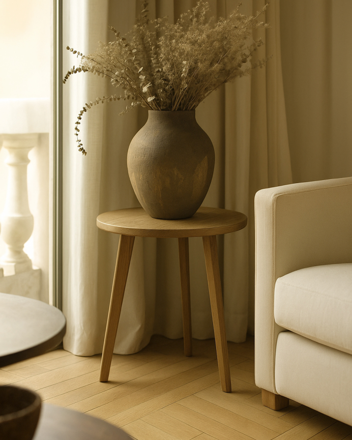 2er-Set Beistelltische aus furniertem Holz in Naturfarbe, 50 cm Ø und 40 cm Ø