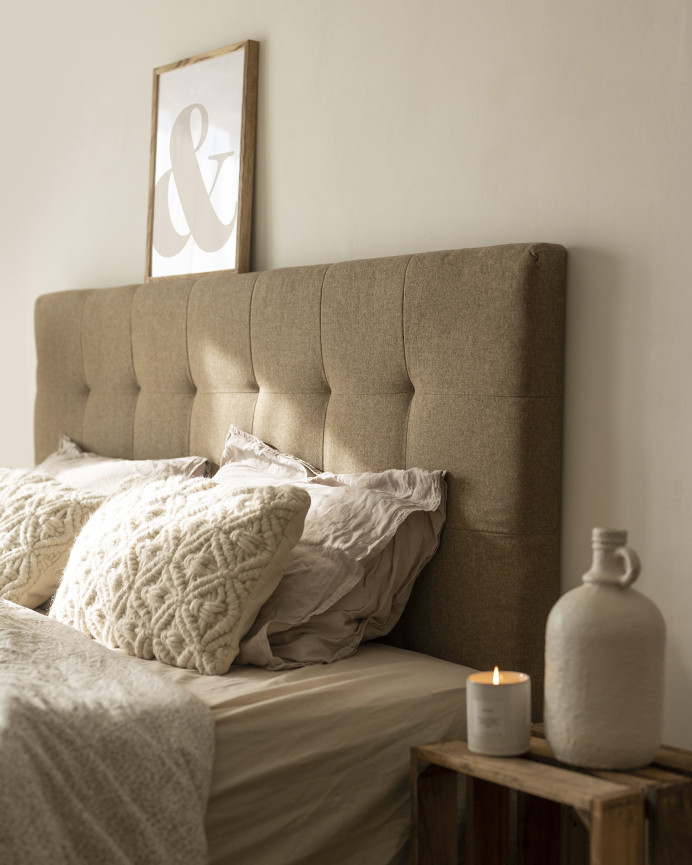 Polyester upholstered headboard with pleats in brown color of various sizes