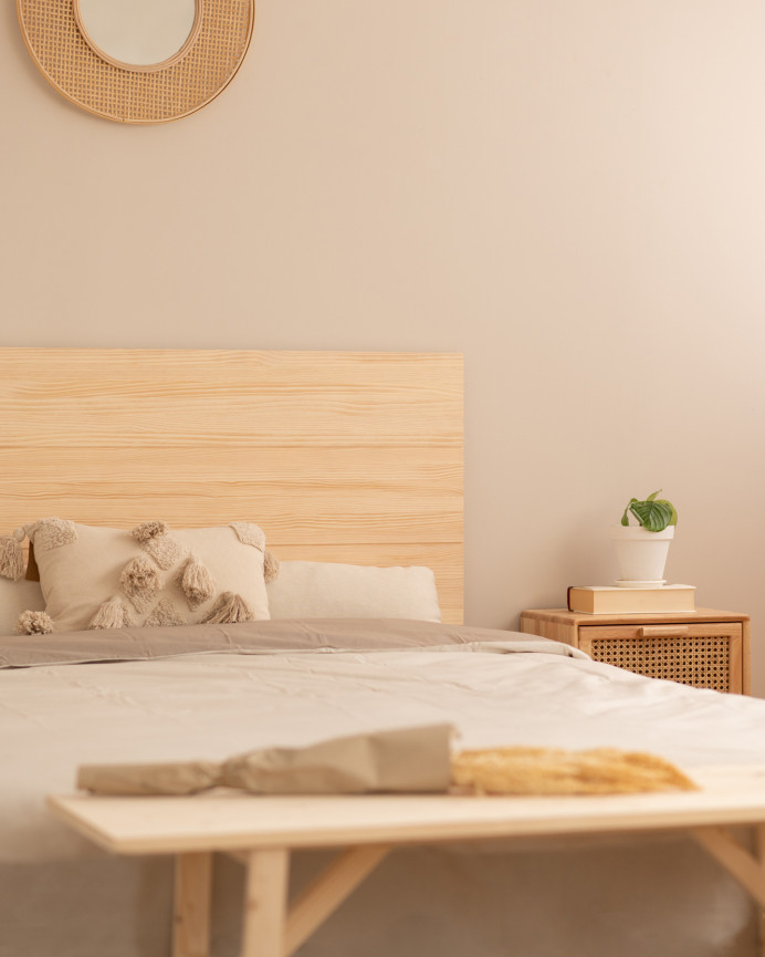 Solid wood headboard in natural tone available in various sizes.