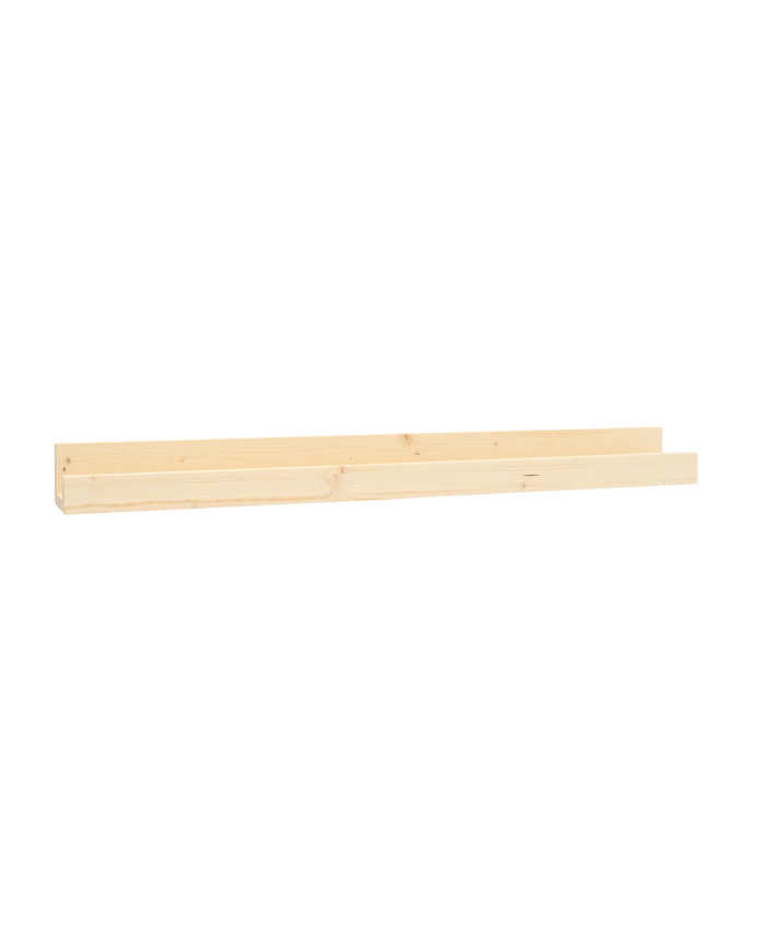 Solid wood floating shelf in natural tone, various sizes.