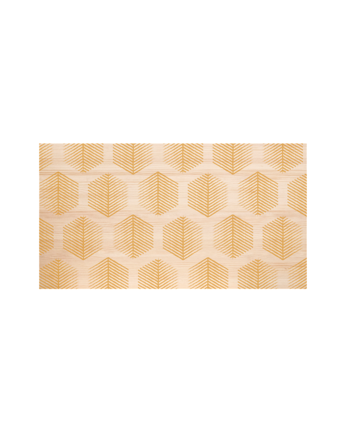Solid wood headboard stamped with Hexagonal Leaves II pattern in natural tone of various sizes.