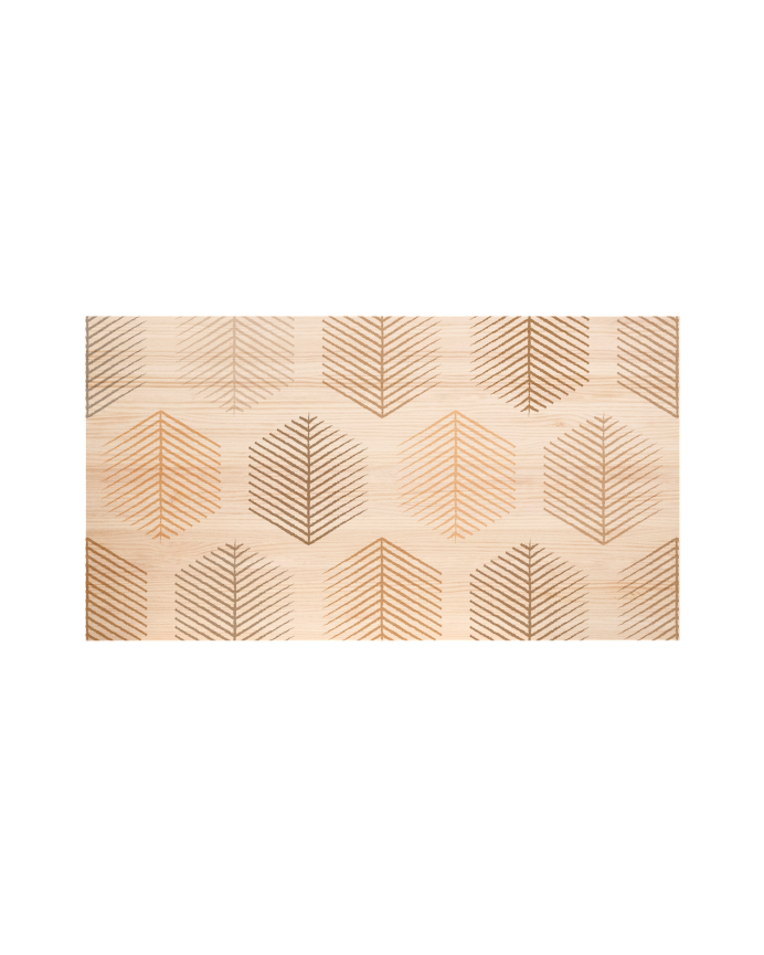 Solid wood headboard stamped with Hexagonal Leaves III pattern in natural tone of various sizes.