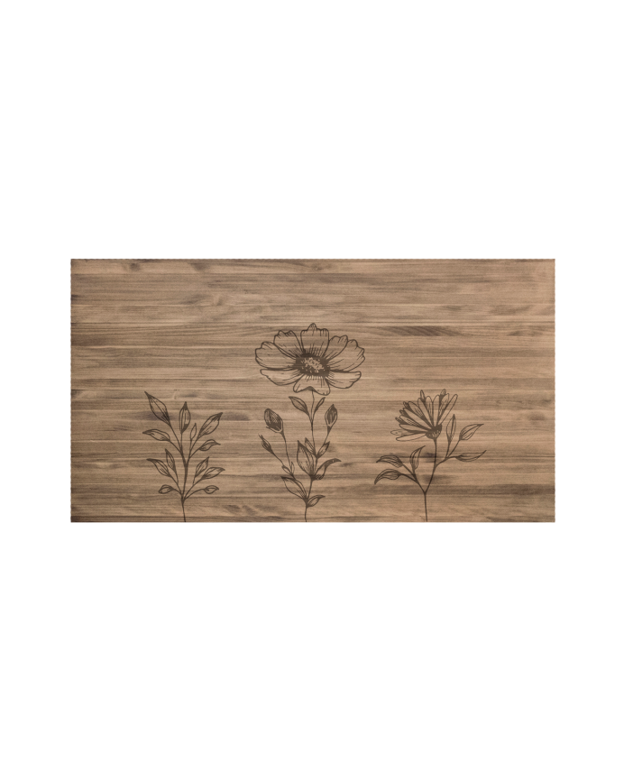 Solid wood headboard with Three flowers pattern in dark oak tone of various sizes.