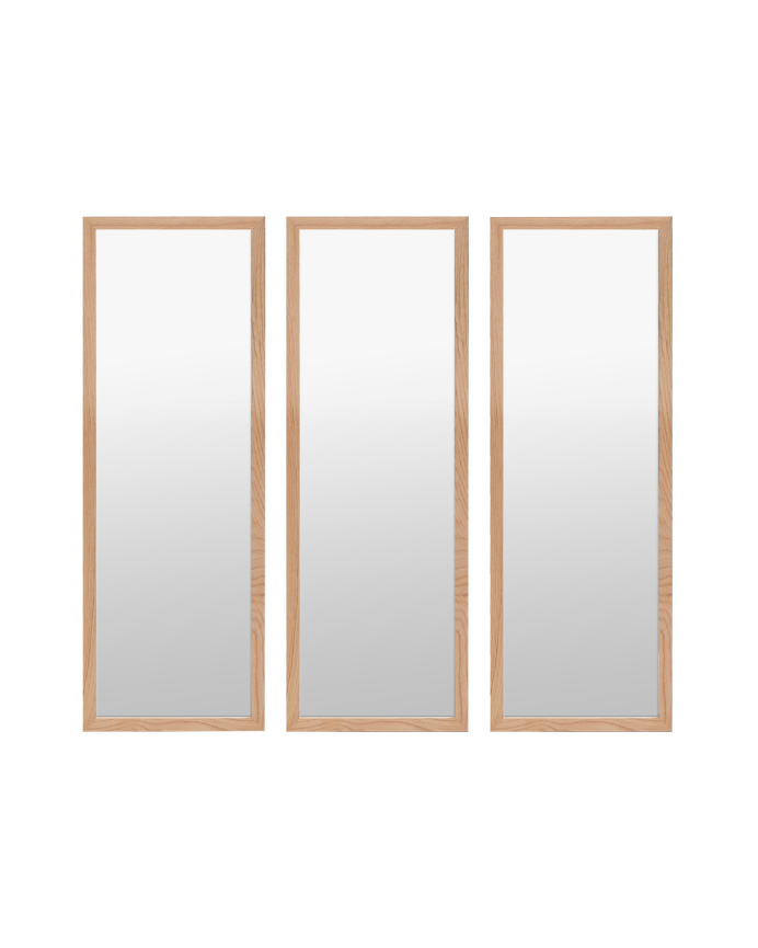 Set of 3 rectangular wall mirrors in natural wood tone measuring 90x30cm