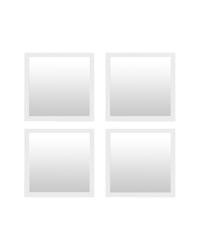 Set of 4 square wall mirrors in white wood tone, 30x30cm.