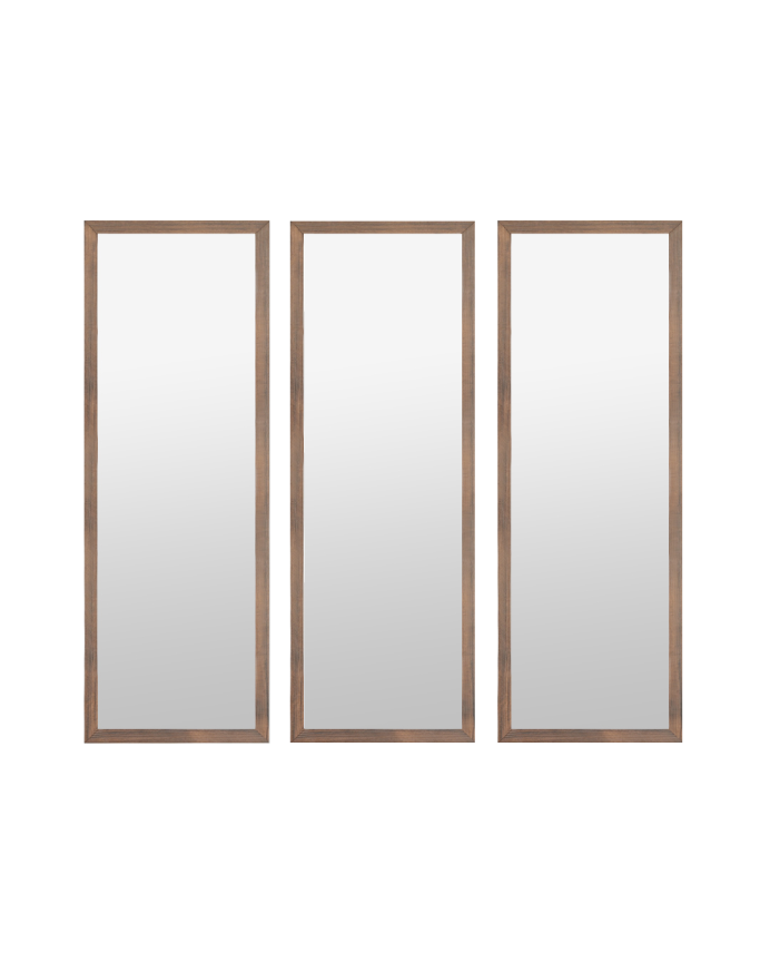 Set of 3 rectangular walnut tone wooden wall mirrors measuring 90x30cm