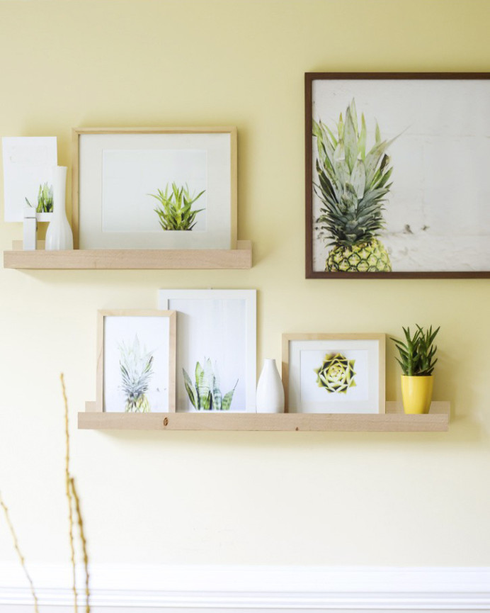 Solid wood floating shelf in natural tone, various sizes.
