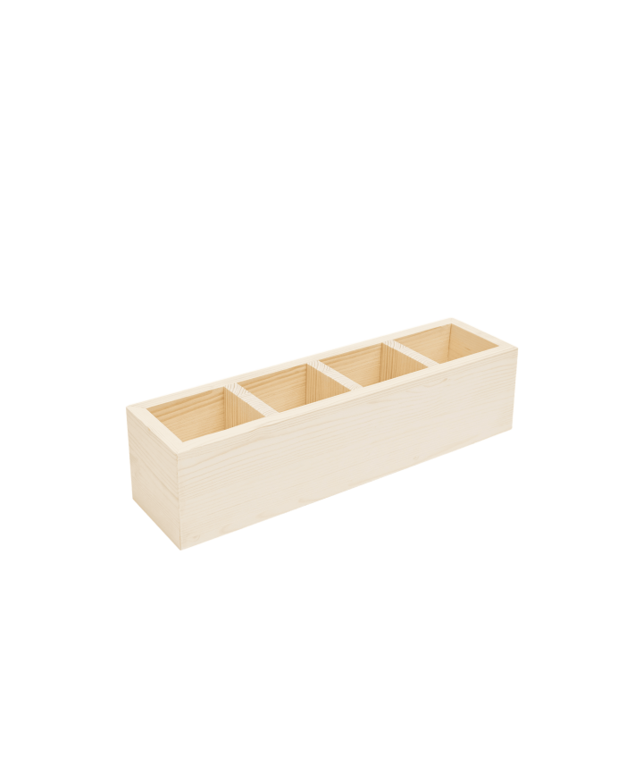 Organizer with four natural tone solid wood compartments of 10x40cm.