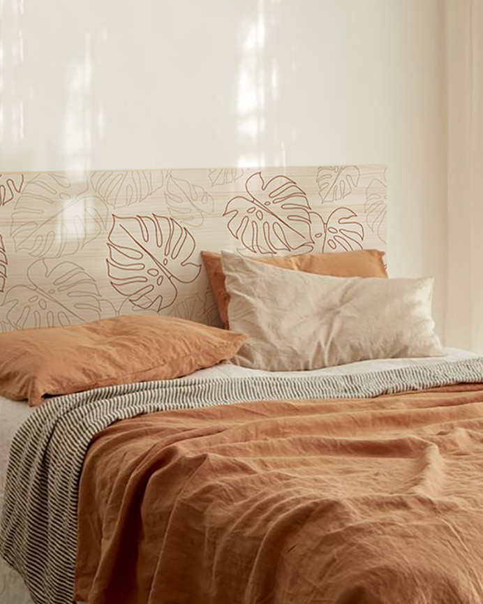Solid wood headboard with 'Leaves lines' pattern in natural tone available in various sizes.