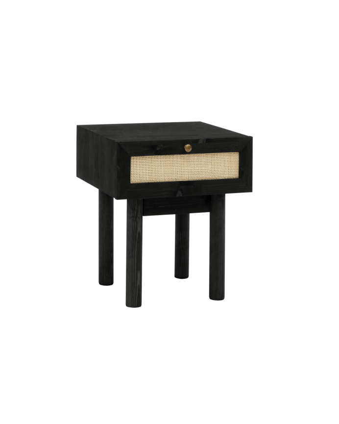 Solid wood and raffia bedside table with one black drawer, measuring 40x45cm.