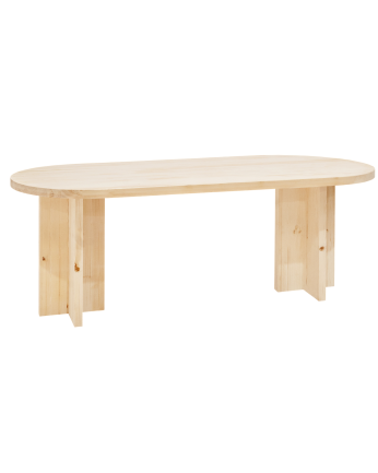 Oval solid wood dining table in natural tone available in various sizes.