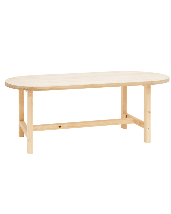 Oval solid wood dining table in natural tone available in various sizes.