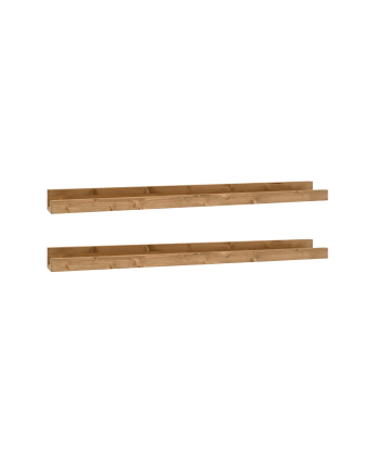 Pack of 2 floating solid oak wood shelves in dark oak tone, various sizes.