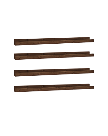 Pack of 4 walnut-tone solid wood floating shelves in various sizes.