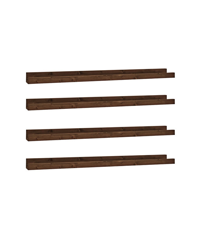 Pack of 4 walnut-tone solid wood floating shelves in various sizes.