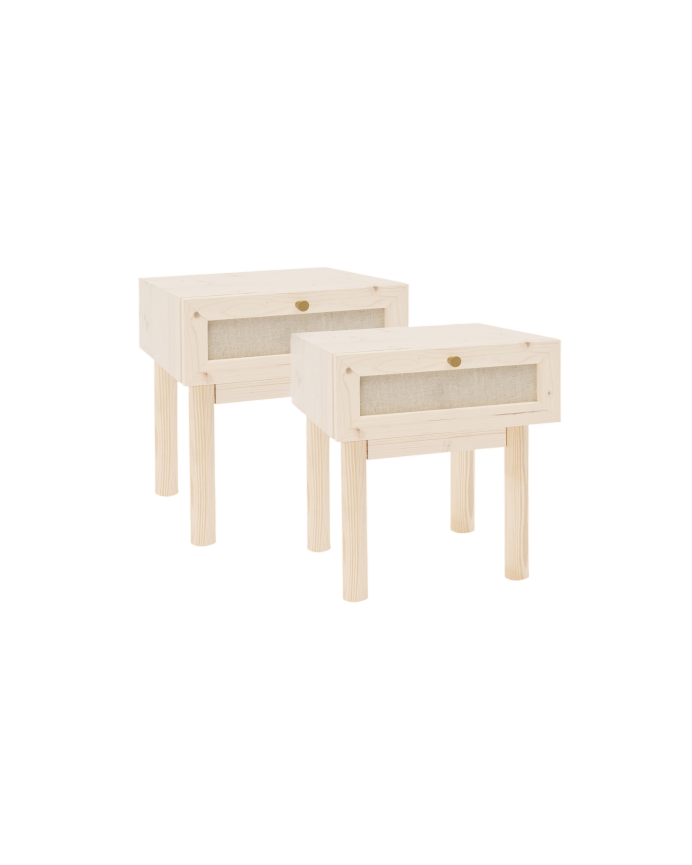 Pack of 2 solid wood nightstands with a drawer and linen in a natural tone of 45x40cm