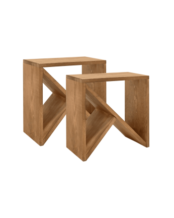 Pack 2 solid dark oak wood side tables in various sizes.