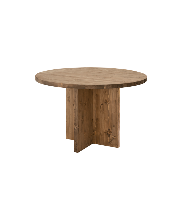Round solid wood dining table in a dark oak tone with a diameter of 110cm.