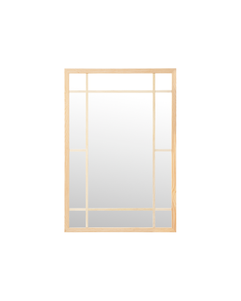 Rectangular wall mirror resembling a window made with natural finish wood.
