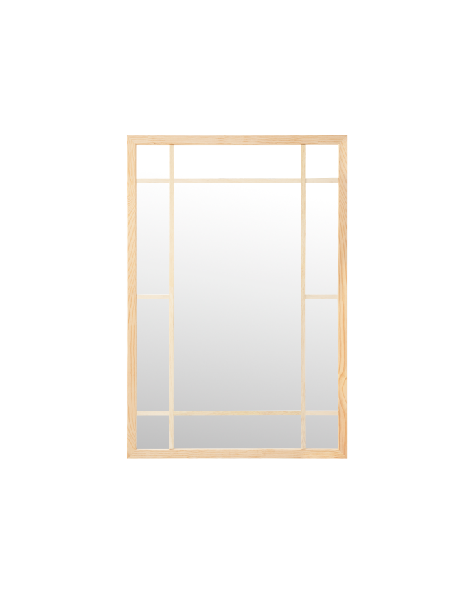 Rectangular wall mirror resembling a window made with natural finish wood.