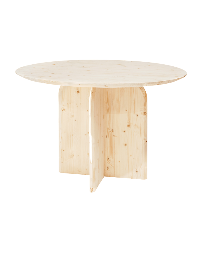 Round solid wood dining table in a natural tone measuring 110cm.