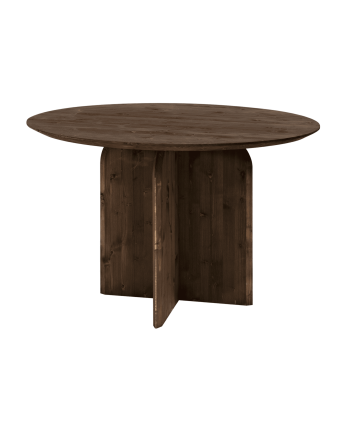 Round solid wood dining table in walnut tone, 110cm.