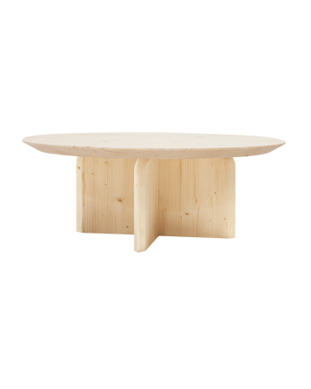 Round solid wood coffee table in natural tone available in various sizes.