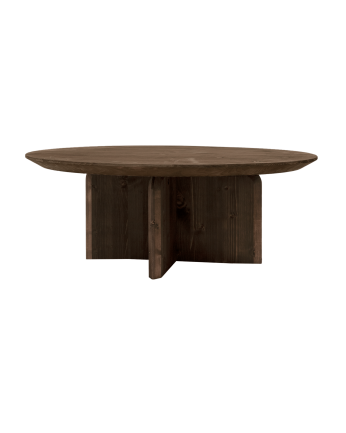 Round solid wood coffee table in walnut tone, available in various sizes.