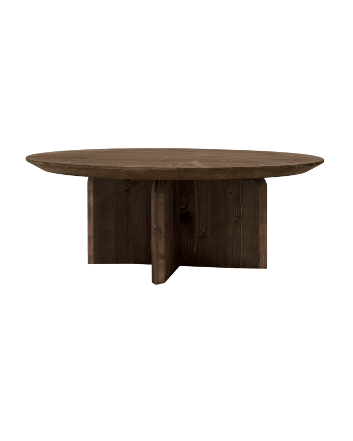 Round solid wood coffee table in walnut tone, available in various sizes.
