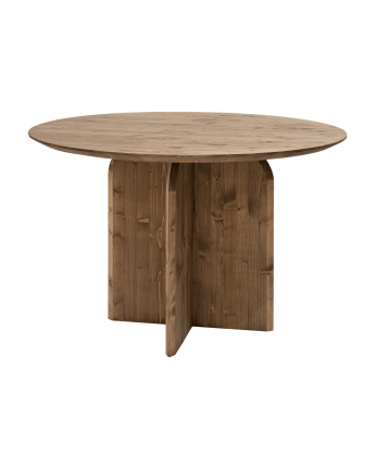 Round solid wood dining table in dark oak tone, 110cm.